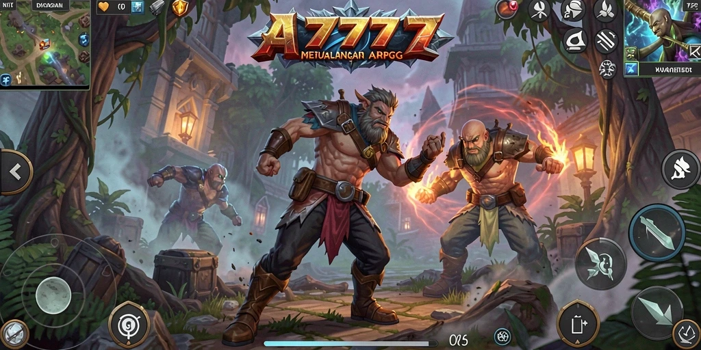 Tampilan gameplay menegangkan di A7777 dengan karakter beraksi melawan monster.