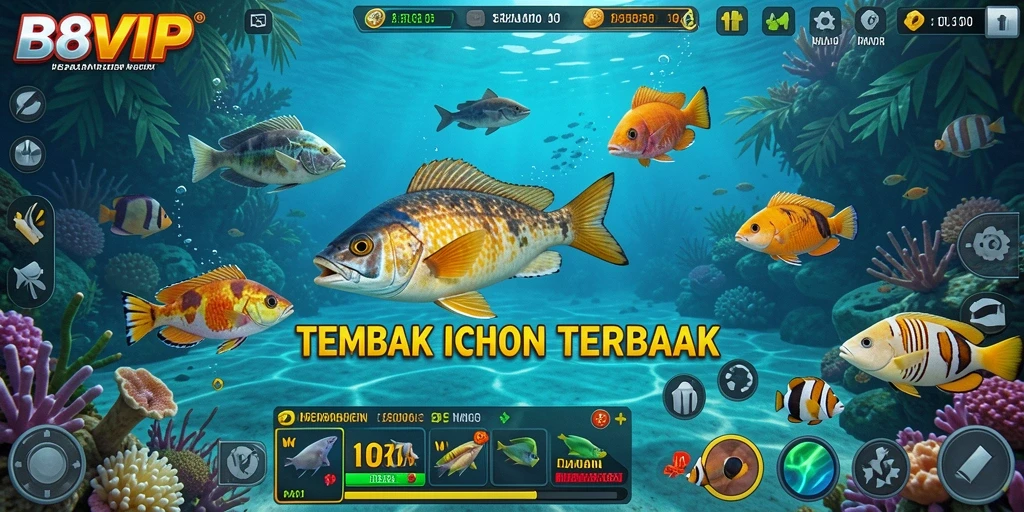 Tampilan gameplay B8VIP menampilkan serunya menembak ikan di lautan.