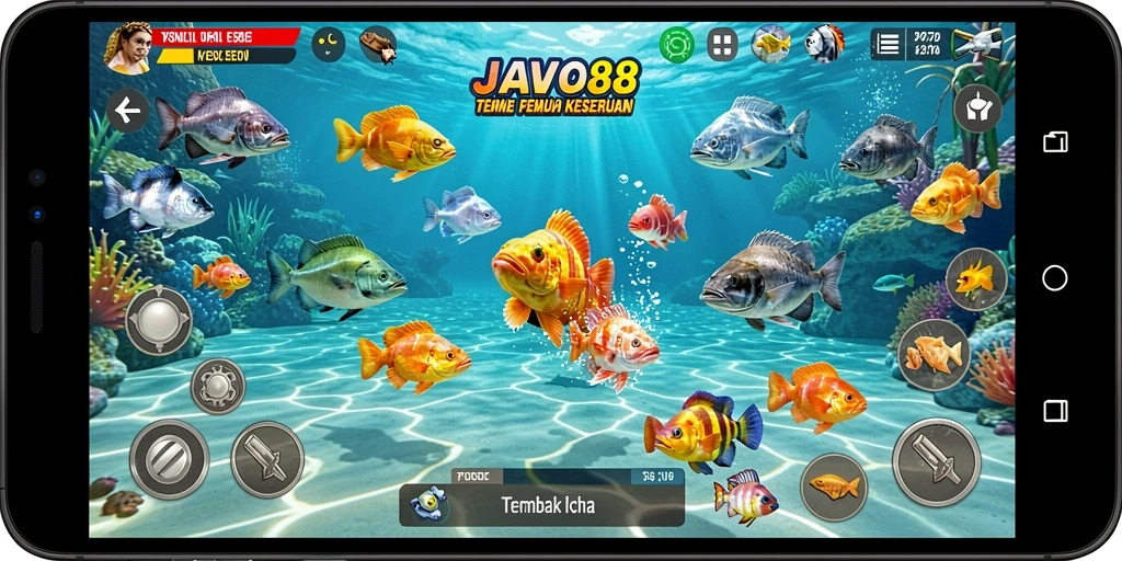 Tampilan gameplay JAVO88 yang seru saat menembak ikan.