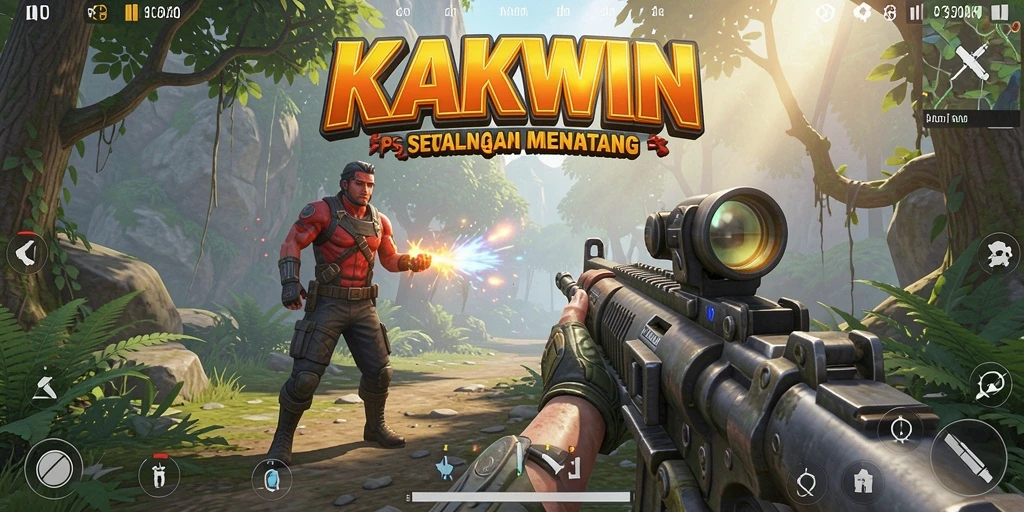 Tangkapan layar KAKWIN menampilkan aksi pertempuran FPS yang seru.
