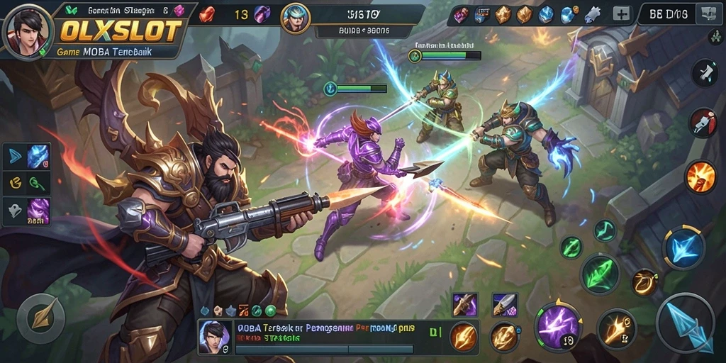 Tampilan gameplay seru dari game MOBA OLXSLOT dengan strategi tim yang mendebarkan.