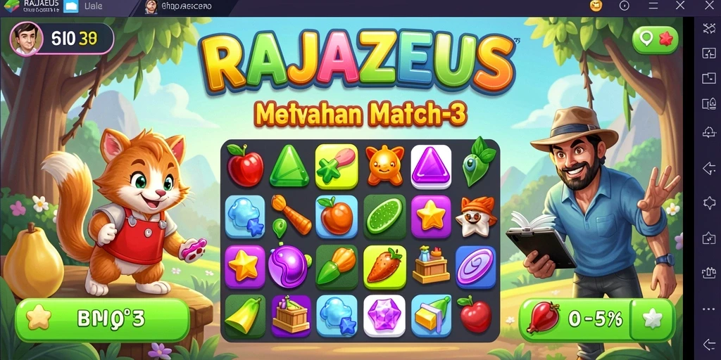 Screenshot RAJAZEUS menunjukkan gameplay match-3 yang menarik.